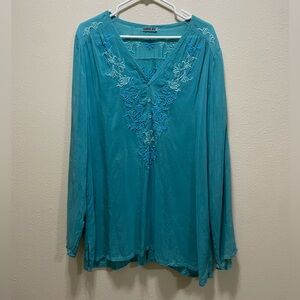 Johnny Was Teal Embroidered Blouse